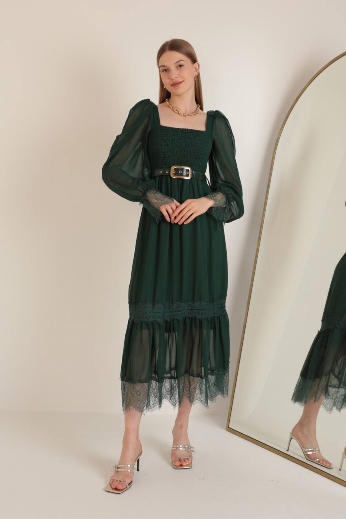 Kemerli Kolu Şifon Kadın Elbise