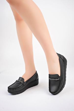 Dolgu Topuk Taşlı Siyah Cilt Kadın Ayakkabı