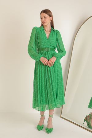 Kemerli Puanlı Kadın Şifon Elbise