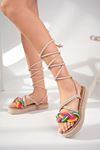 Dolgu Taban Bağlamalı Krem Renkli Garnili Kadın Ayakkabı